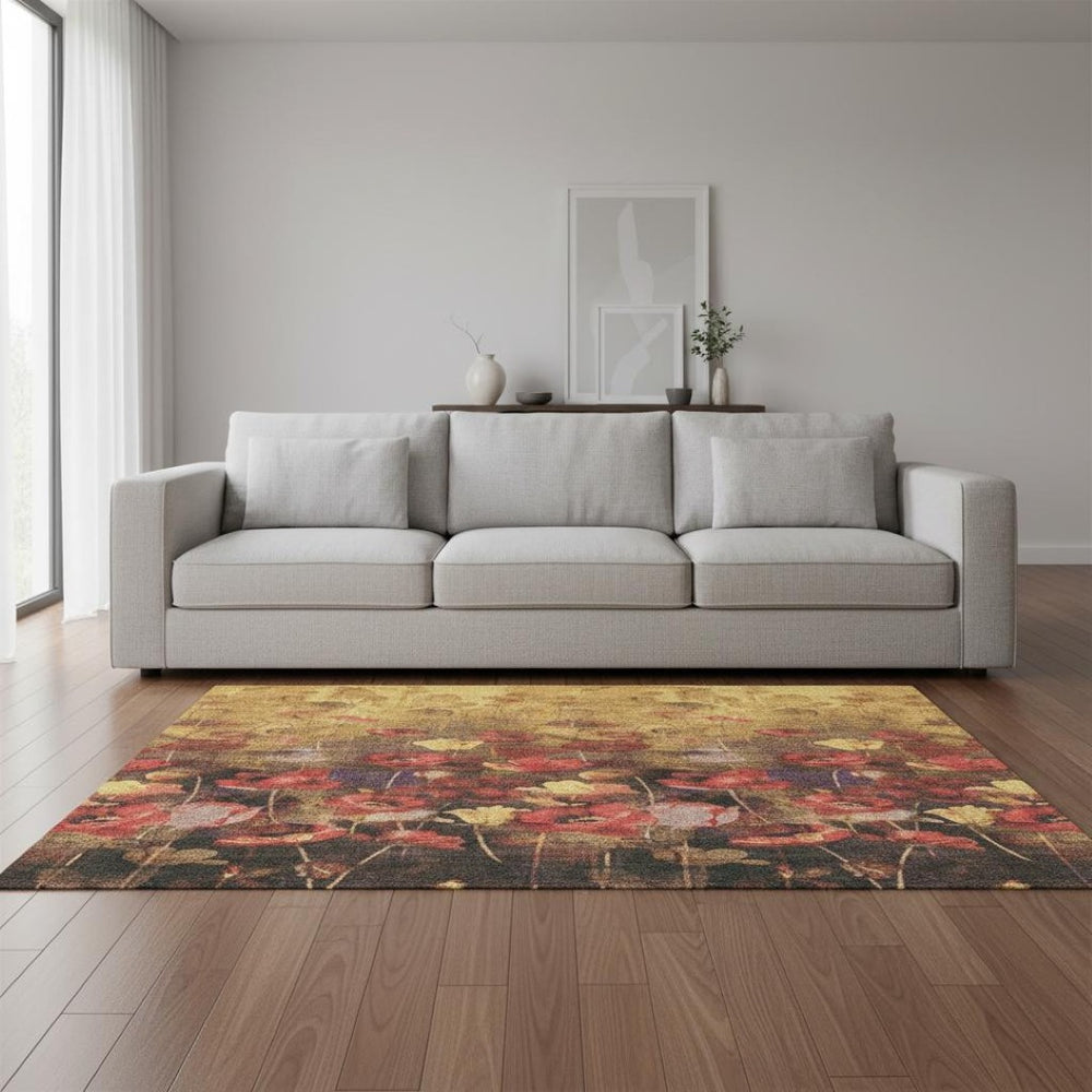 HomeRoots 5' X 8' Vibrant Gold Red Yellow Floral Area Rug - Washable, UV Protected, Stain-Resistant Design 678187