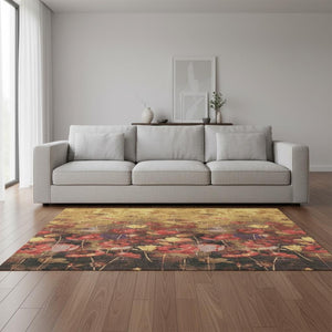 HomeRoots 5' X 8' Vibrant Gold Red Yellow Floral Area Rug - Washable, UV Protected, Stain-Resistant Design 678187