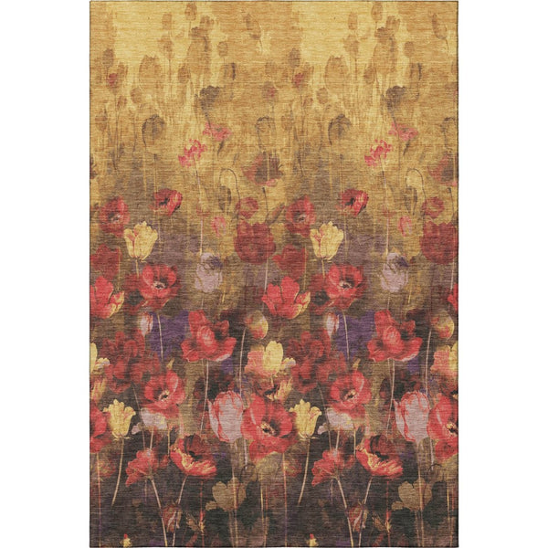 HomeRoots 5' X 8' Vibrant Gold Red Yellow Floral Area Rug - Washable, UV Protected, Stain-Resistant Design 678187