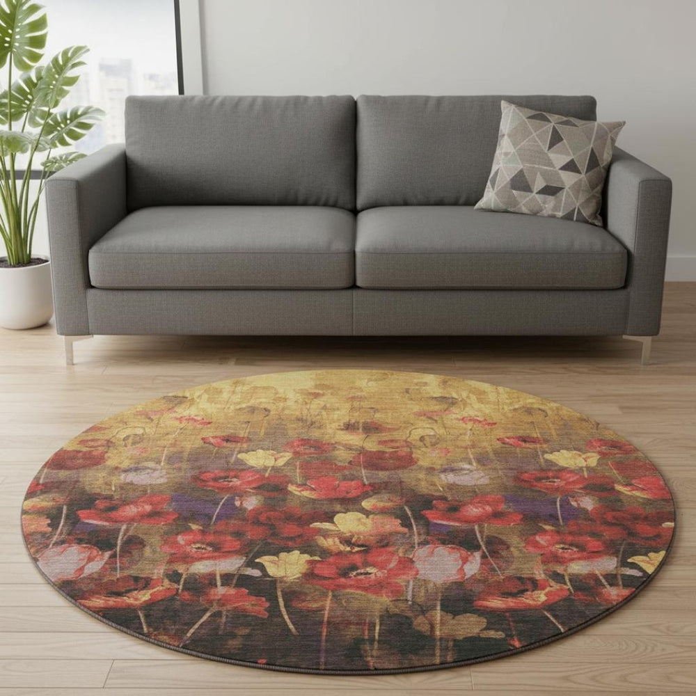 HomeRoots 8' Gold Red and Yellow Floral Round Washable Rug - UV Protected, Stain Resistant for High-Traffic Areas 678188