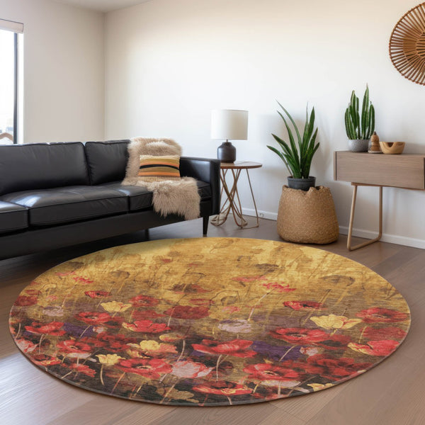 HomeRoots 8' Gold Red and Yellow Floral Round Washable Rug - UV Protected, Stain Resistant for High-Traffic Areas 678188