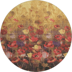 HomeRoots 8' Gold Red and Yellow Floral Round Washable Rug - UV Protected, Stain Resistant for High-Traffic Areas 678188