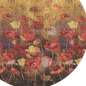 HomeRoots 8' Gold Red and Yellow Floral Round Washable Rug - UV Protected, Stain Resistant for High-Traffic Areas 678188