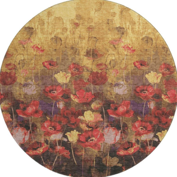 HomeRoots 8' Gold Red and Yellow Floral Round Washable Rug - UV Protected, Stain Resistant for High-Traffic Areas 678188