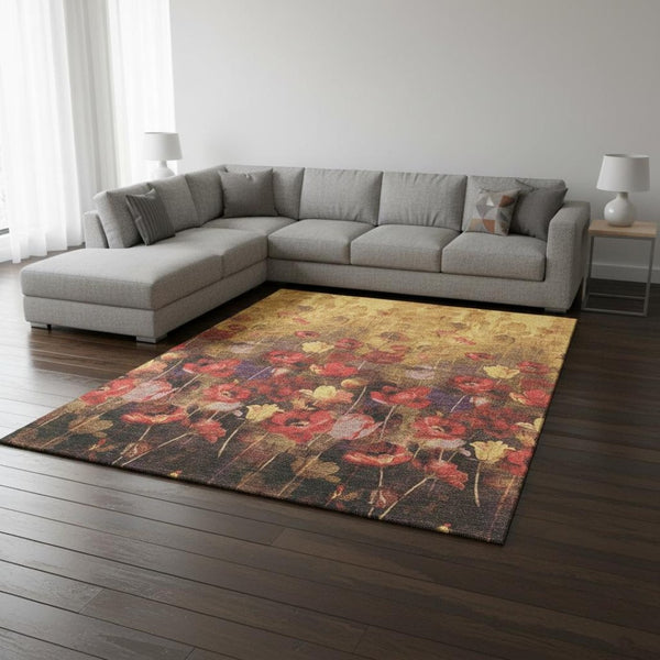 HomeRoots 9' X 12' Floral Area Rug in Gold, Red & Yellow - Washable, Stain Resistant & UV Protected Design 678190