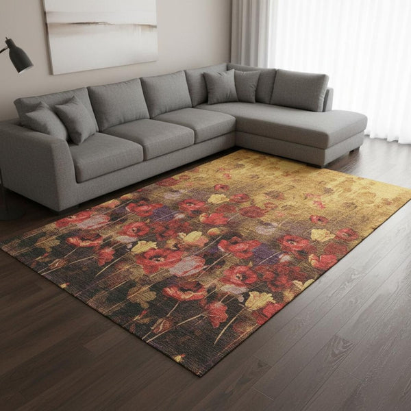 HomeRoots 10' X 14' Washable Floral Area Rug in Gold, Red & Yellow - Stain Resistant with UV Protection! 678191