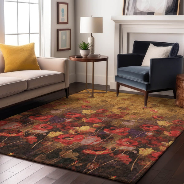 HomeRoots 10' X 14' Washable Floral Area Rug in Gold, Red & Yellow - Stain Resistant with UV Protection! 678191