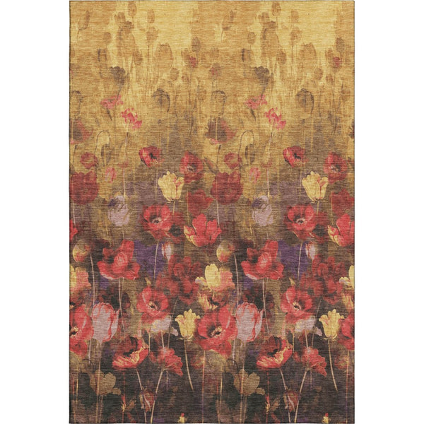 HomeRoots 10' X 14' Washable Floral Area Rug in Gold, Red & Yellow - Stain Resistant with UV Protection! 678191