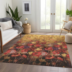 HomeRoots 10' X 14' Washable Floral Area Rug in Gold, Red & Yellow - Stain Resistant with UV Protection! 678191