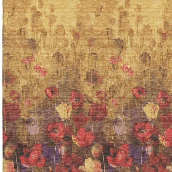 HomeRoots 10' X 14' Washable Floral Area Rug in Gold, Red & Yellow - Stain Resistant with UV Protection! 678191