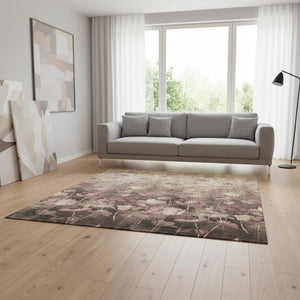 HomeRoots 5' Floral Area Rug in Taupe, Pink & Beige - Washable, UV-Protected, Stain-Resistant for Families 678193