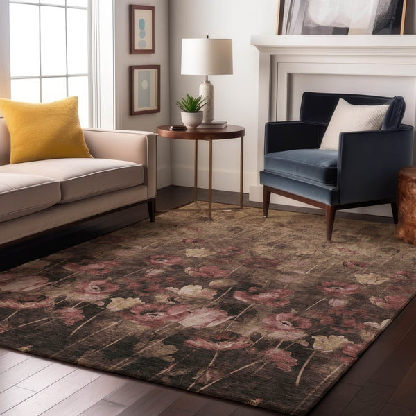 HomeRoots 5' Floral Area Rug in Taupe, Pink & Beige - Washable, UV-Protected, Stain-Resistant for Families 678193