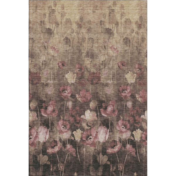 HomeRoots 5' Floral Area Rug in Taupe, Pink & Beige - Washable, UV-Protected, Stain-Resistant for Families 678193