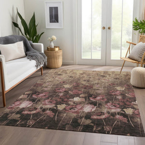 HomeRoots 5' Floral Area Rug in Taupe, Pink & Beige - Washable, UV-Protected, Stain-Resistant for Families 678193
