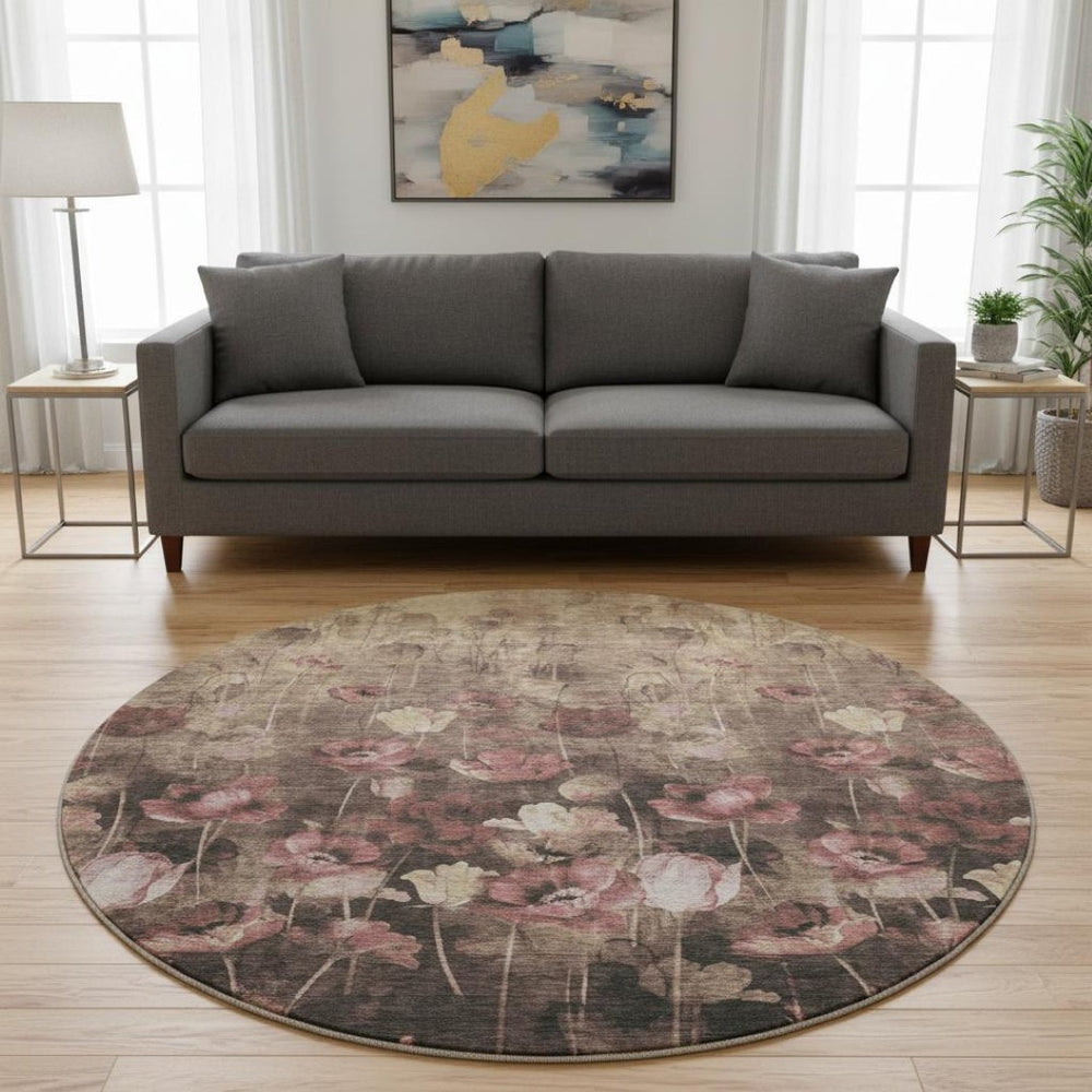 HomeRoots 8' Washable Round Rug in Taupe, Pink & Beige Floral Design – Durable, Stain-Resistant & UV Protected 678194