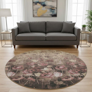 HomeRoots 8' Washable Round Rug in Taupe, Pink & Beige Floral Design – Durable, Stain-Resistant & UV Protected 678194