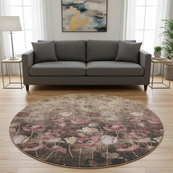 HomeRoots 8' Washable Round Rug in Taupe, Pink & Beige Floral Design – Durable, Stain-Resistant & UV Protected 678194