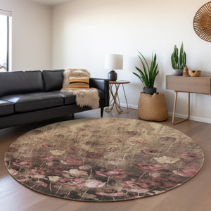 HomeRoots 8' Washable Round Rug in Taupe, Pink & Beige Floral Design – Durable, Stain-Resistant & UV Protected 678194