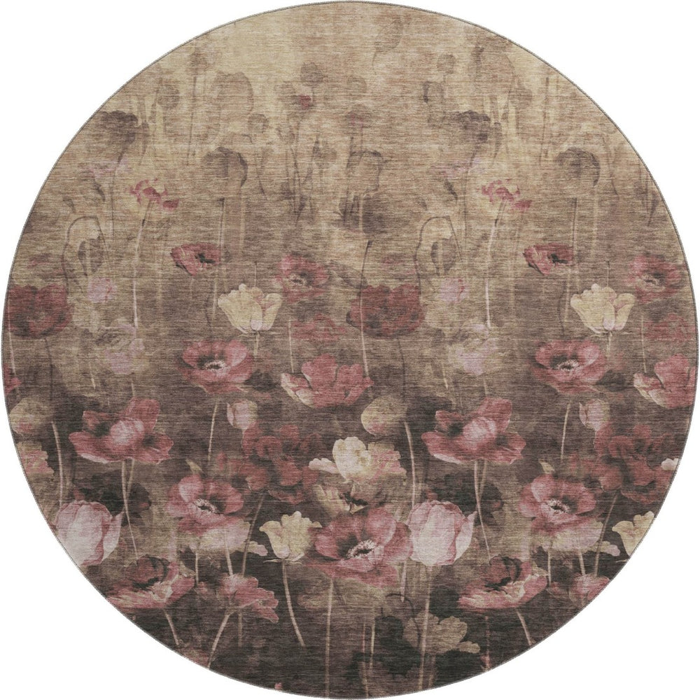 HomeRoots 8' Washable Round Rug in Taupe, Pink & Beige Floral Design – Durable, Stain-Resistant & UV Protected 678194