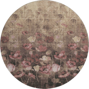 HomeRoots 8' Washable Round Rug in Taupe, Pink & Beige Floral Design – Durable, Stain-Resistant & UV Protected 678194