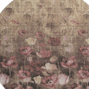 HomeRoots 8' Washable Round Rug in Taupe, Pink & Beige Floral Design – Durable, Stain-Resistant & UV Protected 678194