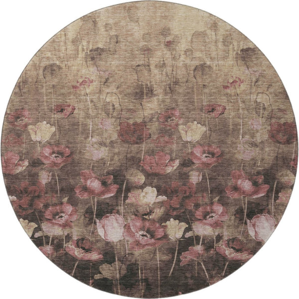 HomeRoots 8' Washable Round Rug in Taupe, Pink & Beige Floral Design – Durable, Stain-Resistant & UV Protected 678194