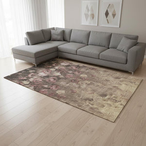 HomeRoots 8' X 10' Floral Washable Area Rug in Taupe Pink & Beige - Stain Resistant, UV Protected, Durable Style 678195