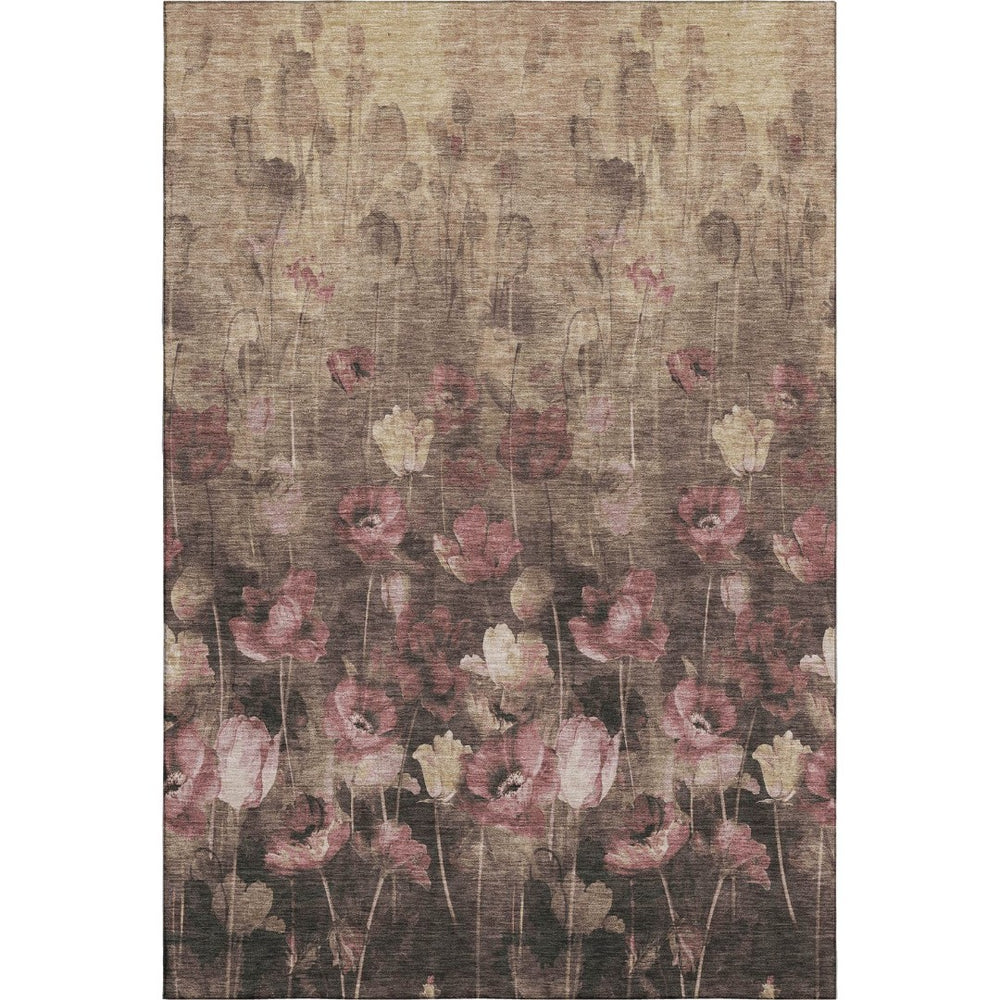HomeRoots 8' X 10' Floral Washable Area Rug in Taupe Pink & Beige - Stain Resistant, UV Protected, Durable Style 678195