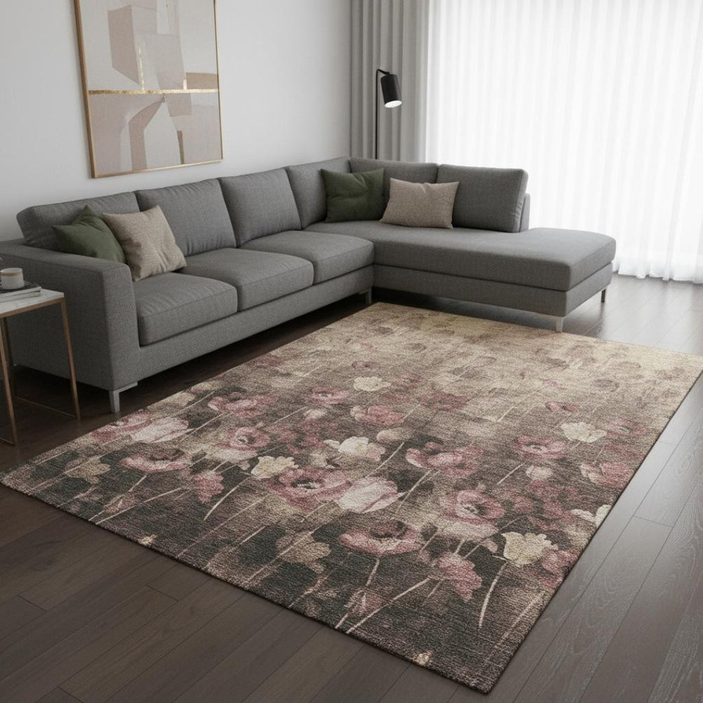 HomeRoots 9' X 12' Floral Area Rug in Taupe Pink & Beige - Washable, Stain-Resistant, UV Protected for Durability 678196