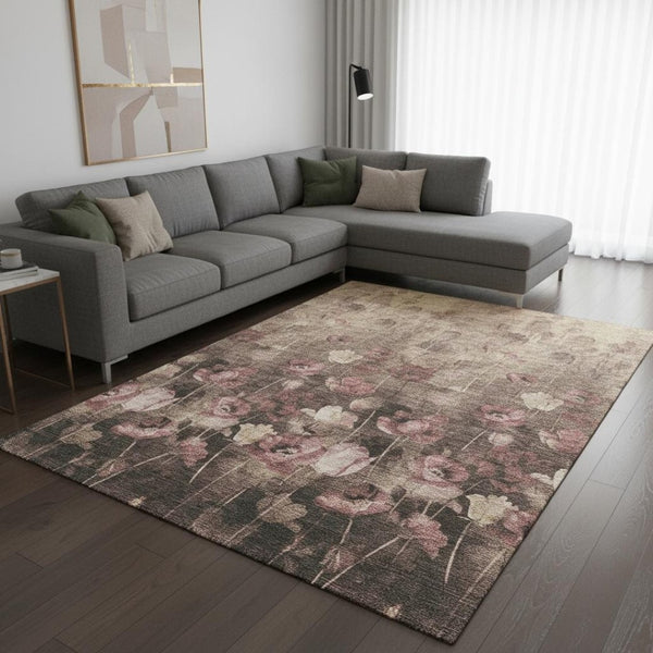 HomeRoots 9' X 12' Floral Area Rug in Taupe Pink & Beige - Washable, Stain-Resistant, UV Protected for Durability 678196