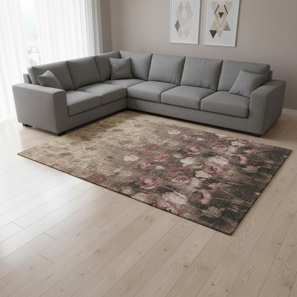 HomeRoots 10' X 14' Elegant Floral Washable Area Rug in Taupe Pink & Beige - UV Protected, Stain Resistant! 678197