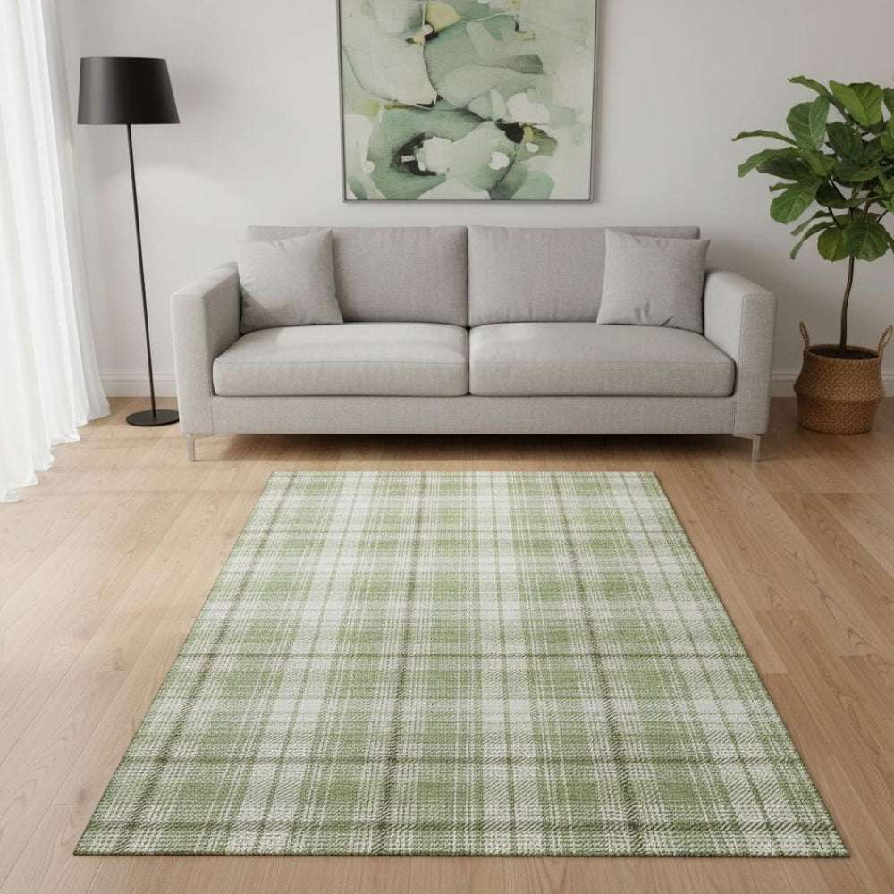 HomeRoots 5' X 8' Artichoke Green Plaid Area Rug – Washable, UV-Protected, Durable, Stylish for Any Space 678199