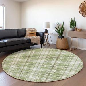 HomeRoots 8' Artichoke Green Plaid Washable Round Rug - Durable, UV-Protected, Perfect for High-Traffic Areas 678200