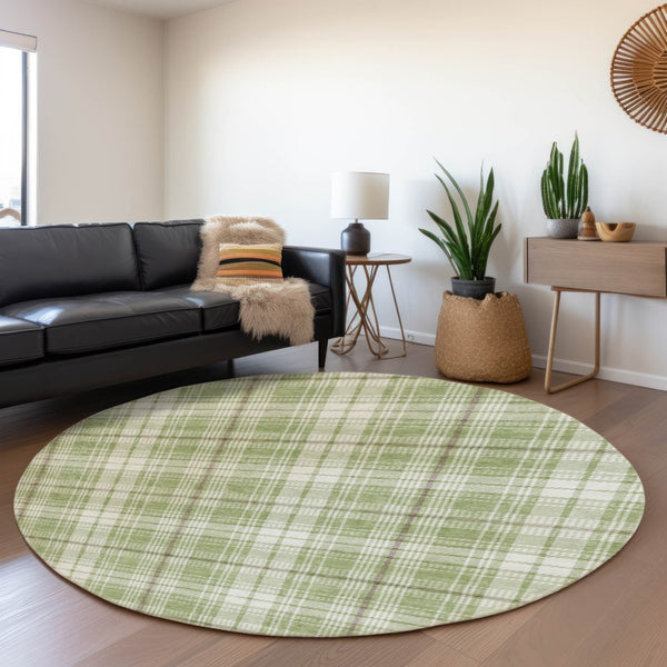 HomeRoots 8' Artichoke Green Plaid Washable Round Rug - Durable, UV-Protected, Perfect for High-Traffic Areas 678200