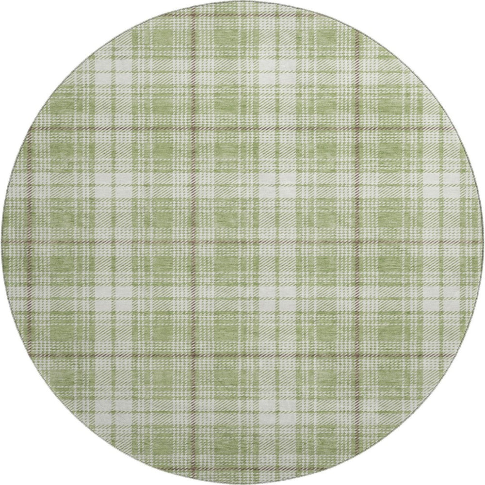 HomeRoots 8' Artichoke Green Plaid Washable Round Rug - Durable, UV-Protected, Perfect for High-Traffic Areas 678200