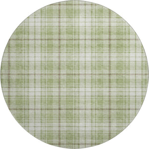 HomeRoots 8' Artichoke Green Plaid Washable Round Rug - Durable, UV-Protected, Perfect for High-Traffic Areas 678200