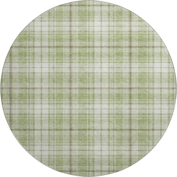 HomeRoots 8' Artichoke Green Plaid Washable Round Rug - Durable, UV-Protected, Perfect for High-Traffic Areas 678200