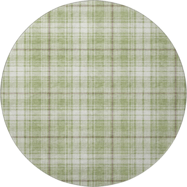 HomeRoots 8' Artichoke Green Plaid Washable Round Rug - Durable, UV-Protected, Perfect for High-Traffic Areas 678200