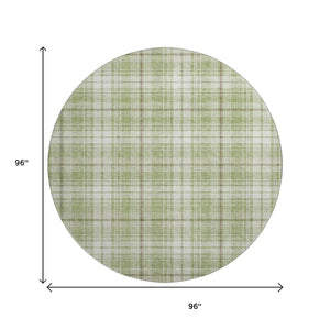 HomeRoots 8' Artichoke Green Plaid Washable Round Rug - Durable, UV-Protected, Perfect for High-Traffic Areas 678200