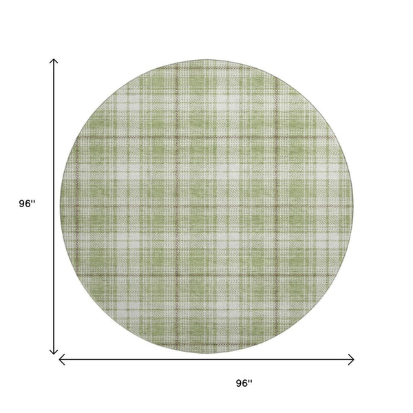 HomeRoots 8' Artichoke Green Plaid Washable Round Rug - Durable, UV-Protected, Perfect for High-Traffic Areas 678200