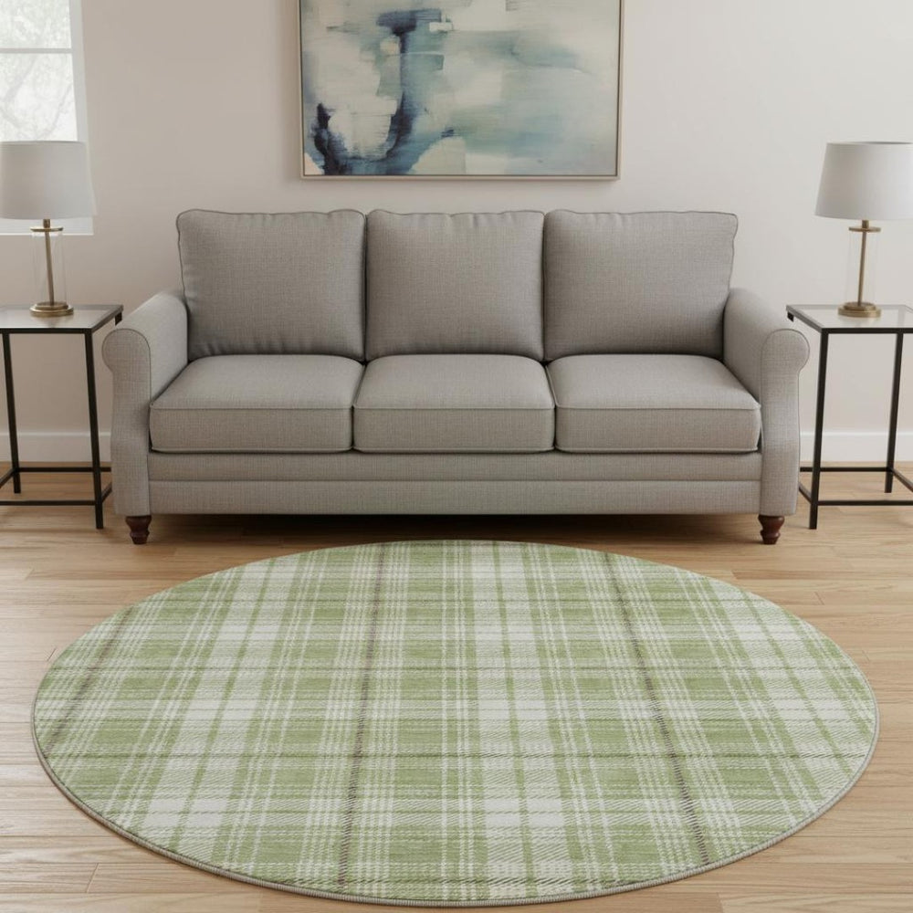 HomeRoots 8' Artichoke Green Plaid Washable Round Rug - Durable, UV-Protected, Perfect for High-Traffic Areas 678200