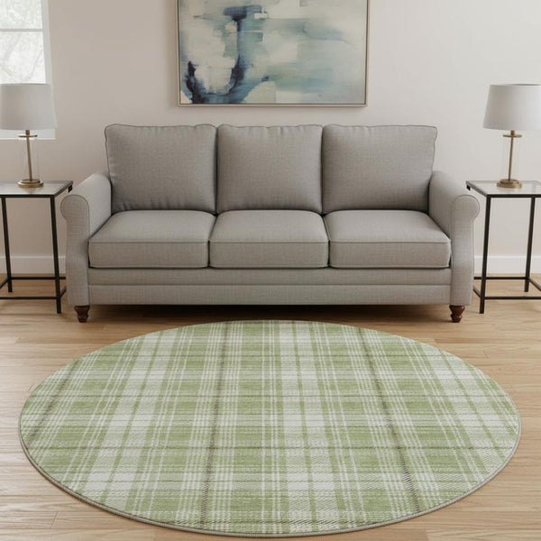 HomeRoots 8' Artichoke Green Plaid Washable Round Rug - Durable, UV-Protected, Perfect for High-Traffic Areas 678200