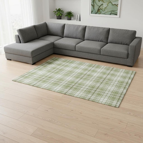 HomeRoots 8' X 10' Artichoke Green & Ivory Plaid Washable Area Rug with UV Protection for Home Style & Durability 678201