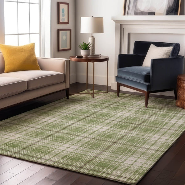 HomeRoots 8' X 10' Artichoke Green & Ivory Plaid Washable Area Rug with UV Protection for Home Style & Durability 678201