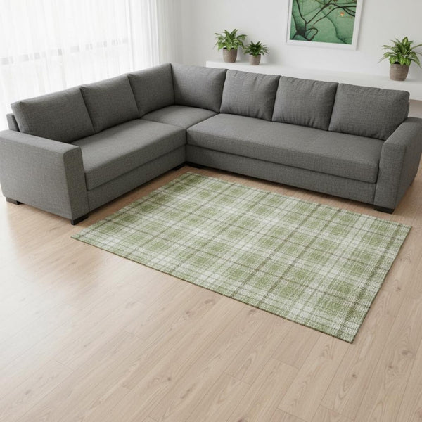 HomeRoots 9' X 12' Artichoke Green & Ivory Plaid Area Rug - Durable, Washable, UV-Protected for Family Homes 678202