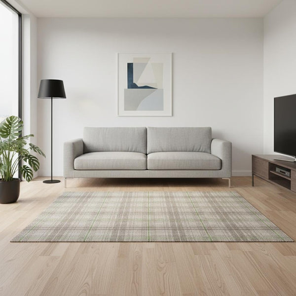HomeRoots 5' Washable Plaid Area Rug in Beige, Green, Tan - UV Protected, Stain Resistant for Easy Care 678205
