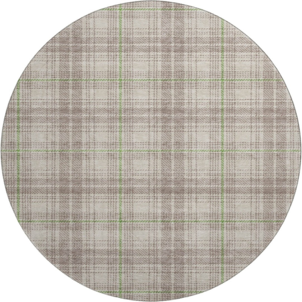 HomeRoots 8' Washable Round Rug in Beige, Green, and Tan Plaid - Durable, UV-Protected for Indoor & Outdoor Use 678206