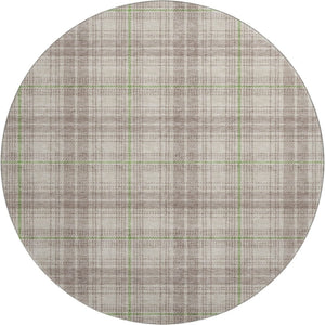 HomeRoots 8' Washable Round Rug in Beige, Green, and Tan Plaid - Durable, UV-Protected for Indoor & Outdoor Use 678206