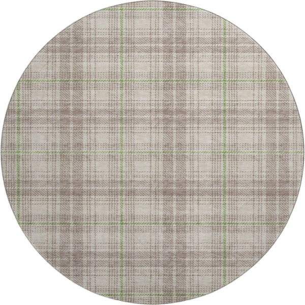 HomeRoots 8' Washable Round Rug in Beige, Green, and Tan Plaid - Durable, UV-Protected for Indoor & Outdoor Use 678206