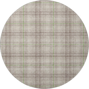 HomeRoots 8' Washable Round Rug in Beige, Green, and Tan Plaid - Durable, UV-Protected for Indoor & Outdoor Use 678206